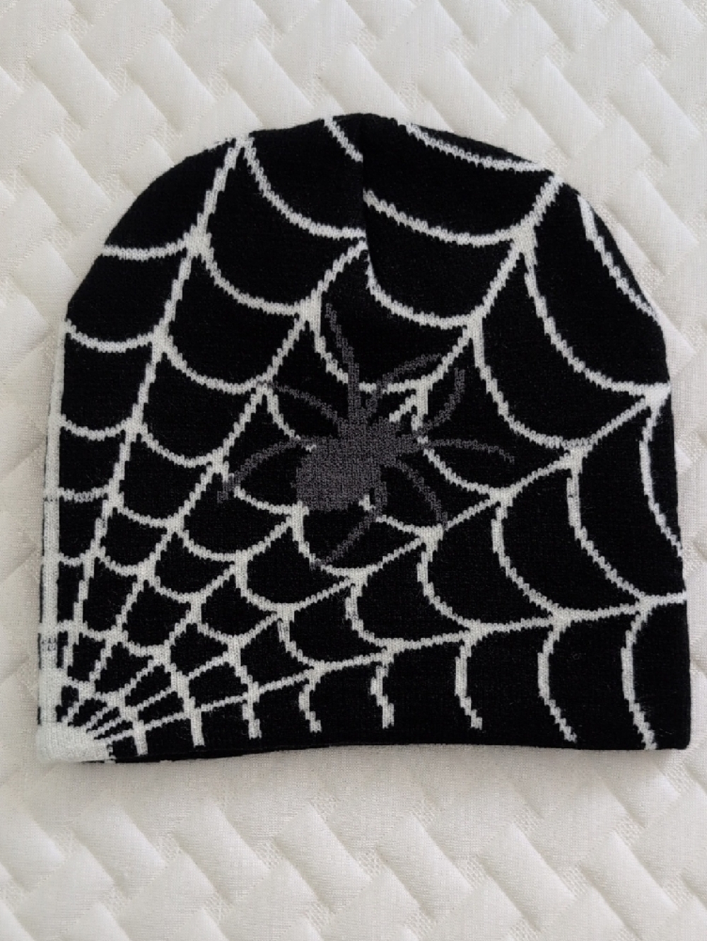 Spiderweb Black Beanie with White Web Pattern